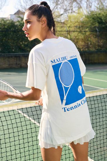 Ecru White Active Sport Graphic Tennis T-Shirt
