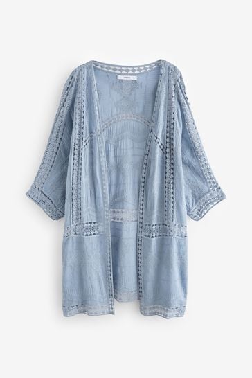 Blue Crochet Longline Kimono Cover-Up