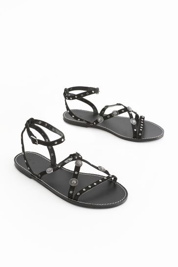 Black Leather Studded Flat Sandals
