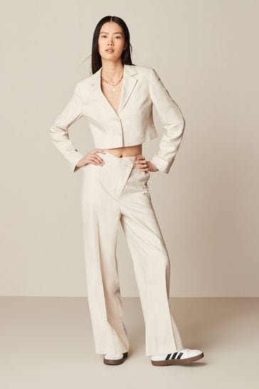 Neutral Asymetric Waistband Tailored Wide Leg Trousers