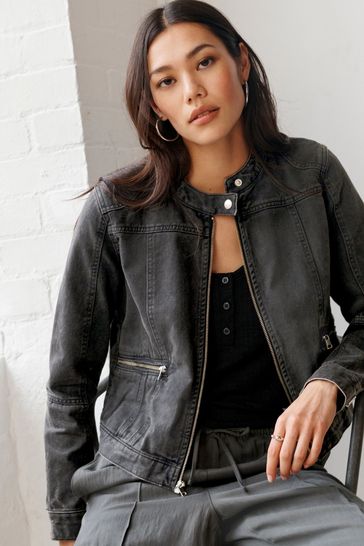 Washed Black Cotton Biker Jacket