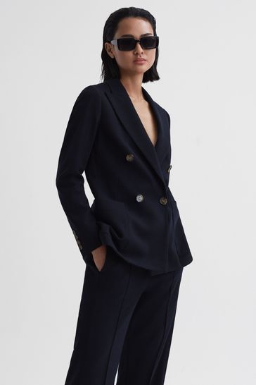 Reiss Navy Iria Double Breasted Wool Blend Suit Blazer