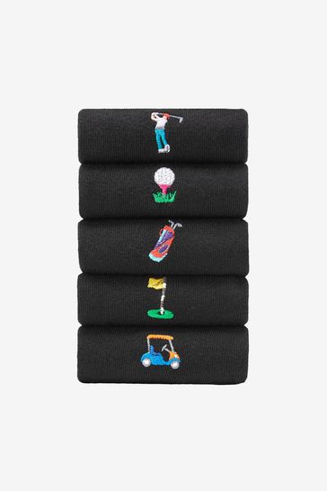 Pack de 5 pares de calcetines negros con bordado divertido de golf