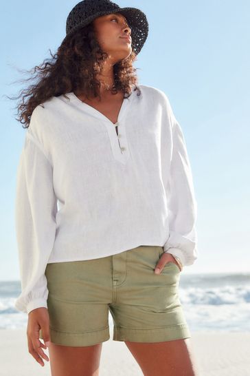 White Long Sleeve V-Neck Button Front Blouse