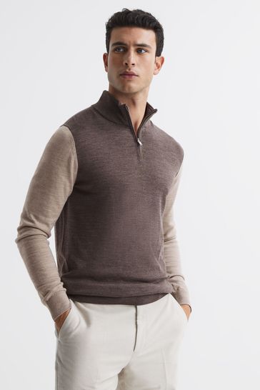 Reiss Mouse Brown / Wheat Melange Omar Merino Colourblock Half Zip Jumper