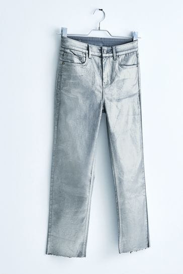 Own. Silver Metallic Mid Rise Straight Jeans