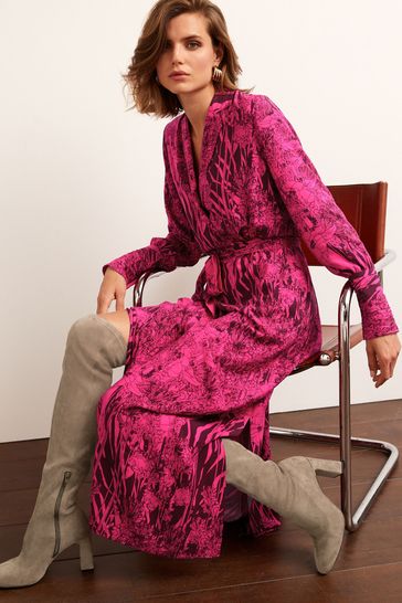 Tonal Pink Abstract Print Deep Cuff Midi Dress