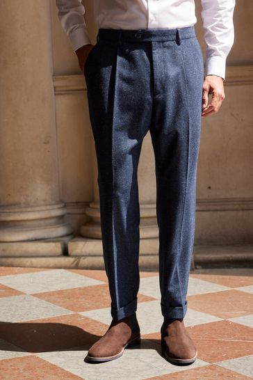 Navy Blue Slim Nova Fides Italian Fabric Herringbone Textured Wool Blend Suit Trousers