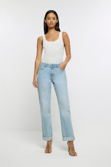 River Island Blue Mid Rise Relaxed Straight Jeans