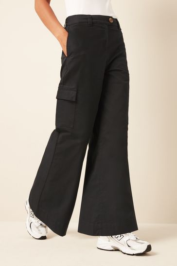 Black Wide Leg Chino Cargo Trousers