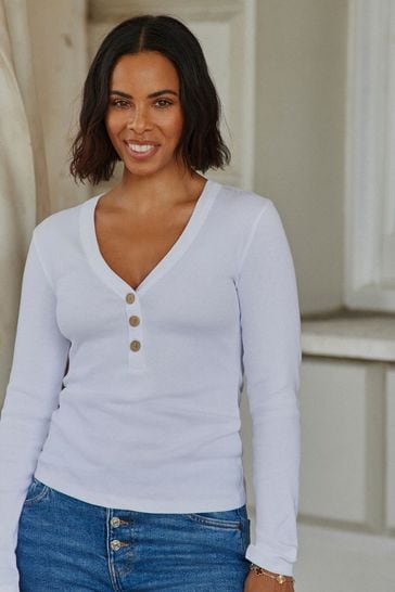White Long Sleeve Ribbed Henley Button Top