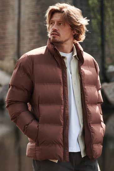 Rust Brown Non Hooded Shower Resistant Hooded Puffer Jacket