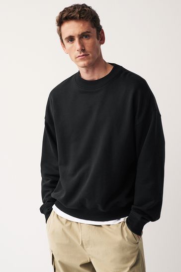 Black Oversized Jersey Cotton Rich Crew Sweatshirt