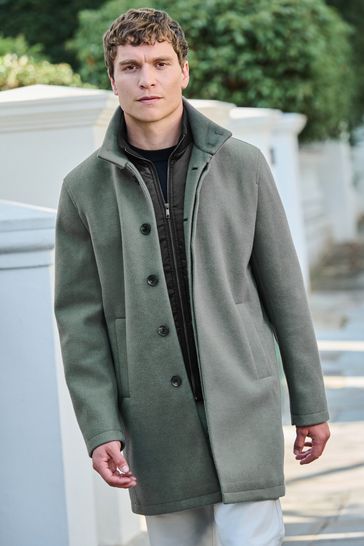 Sage Green Funnel Neck Coat With Built In Gilet