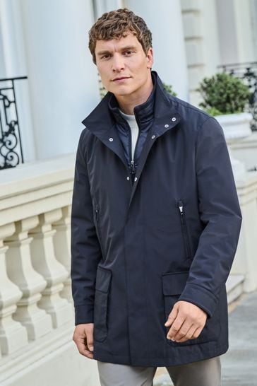 Navy Shower Resistant Four Pocket Funnel Neck Coat