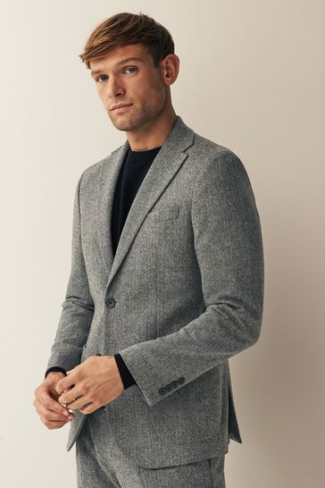 Grey Slim Fit Nova Fides Wool Blend Herringbone Suit Jacket