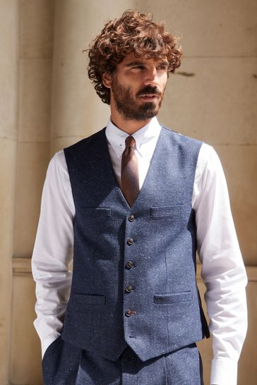 Navy Blue Nova Fides Italian Fabric Herringbone Textured Wool Content Suit Waistcoat