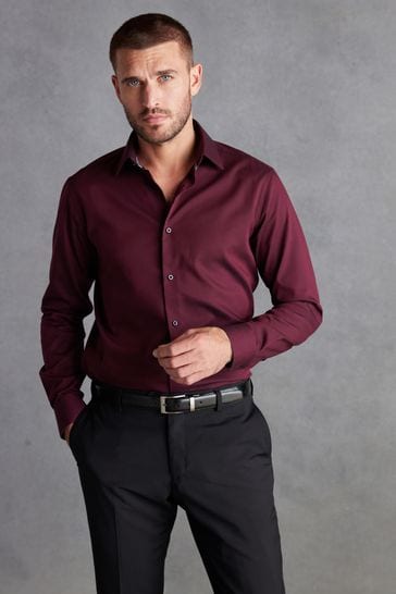 Burgundy Red Slim Fit Signature Textured Single Cuff Shirt With Trim Detail