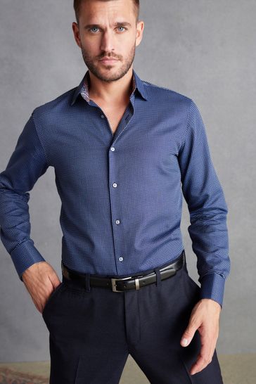 Navy Blue Slim Fit Double Cuff Signature Textured Trimmed Formal Shirt