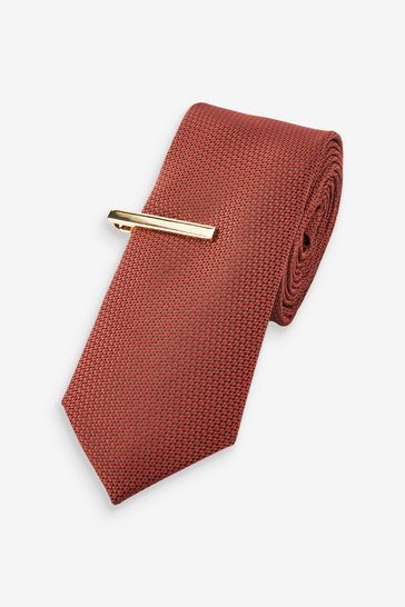 Rust Brown Slim Textured Tie And Clip Set