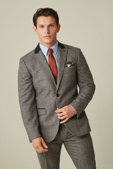 Grey Tailored Nova Fides Wool Trimmed Check Suit Jacket