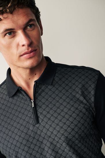 Black Diamond Textured Long Sleeve Polo Shirt