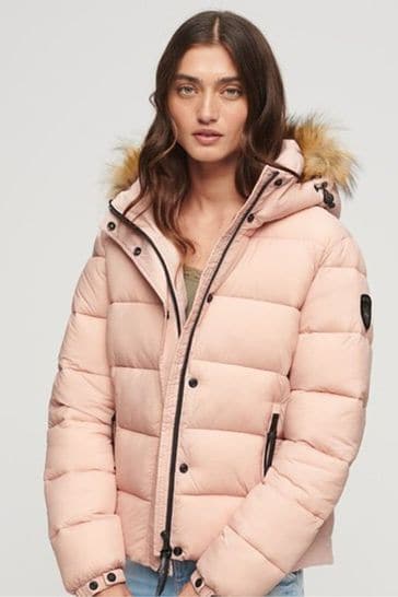 Superdry Pink Faux Fur Short Hooded Puffer Jacket