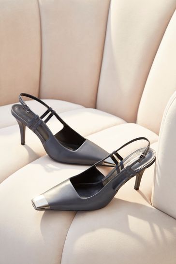 Grey Premium Leather Metal Chisel Toe Slingback Heel Shoes
