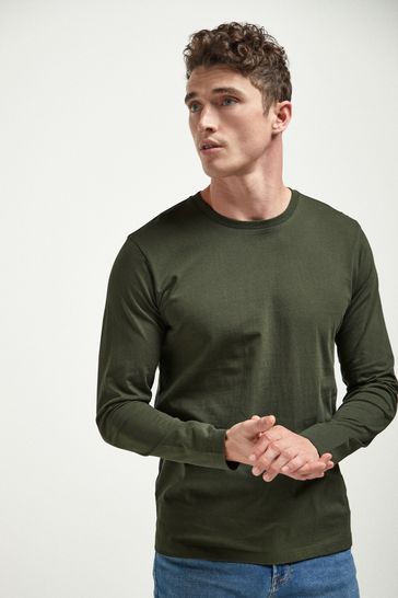 Dark Khaki Green Long Sleeve Crew Neck T-Shirt