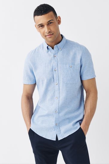 Light Blue Standard Collar Linen Blend Short Sleeve Shirt