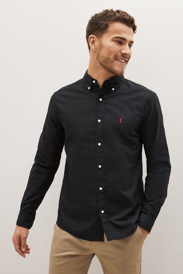 Camisa Oxford de manga larga negra de corte recto