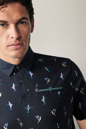 Navy Blue Hummingbird Print Polo Shirt
