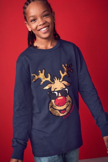 Navy Blue Reindeer Long Sleeve Flippy Sequin Christmas T-Shirt (3-16yrs)
