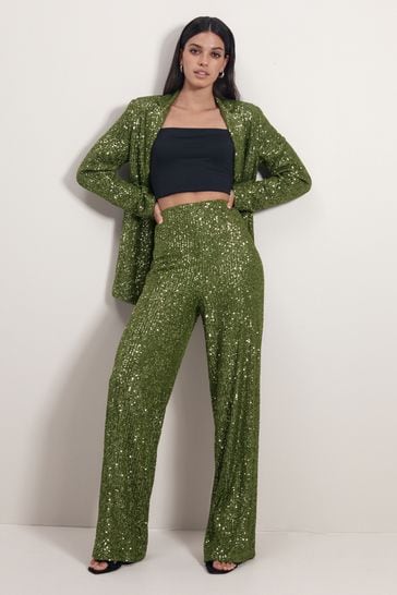 Green Sequin Wide Leg Trousers
