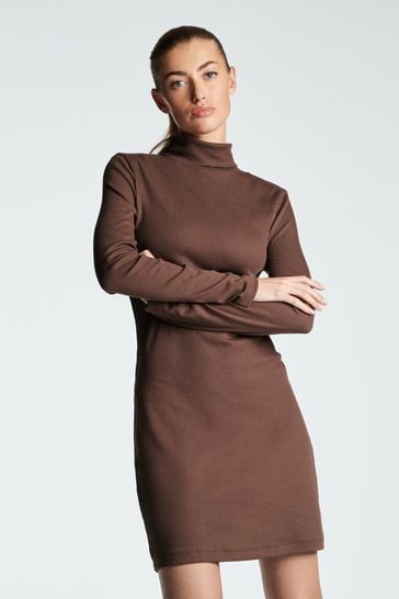 Chocolate Brown Ribbed Roll Neck Long Sleeve Mini Dress