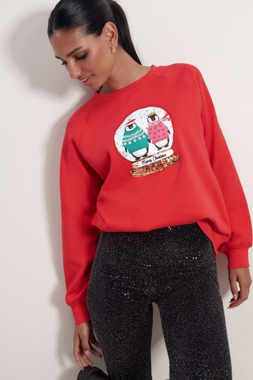 Next Buy paillettenverzierter - mit bei Deutschland Weihnachtliches Red Pinguin-Schneekugel Sweatshirt