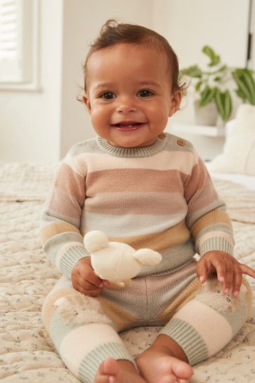 Conjunto de 2 piezas de suéter y leggings de punto para bebé de rayas con tigre tostado/azul (0 meses-2años)