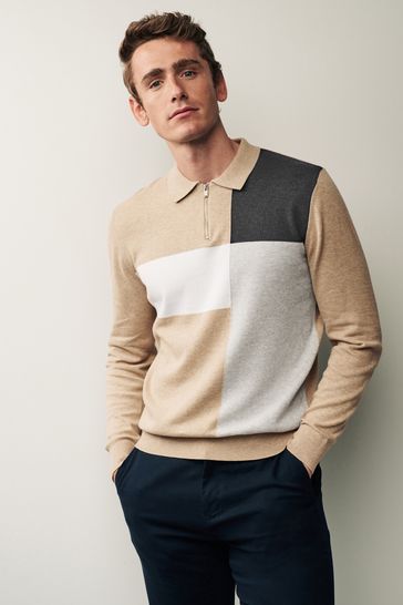Neutral/Grey Regular Asymmetric Pattern Long Sleeve Knitted Zip Polo Shirt