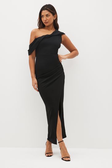 Black One Shoulder Midi Dress