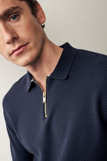 Navy Blue Regular Knitted Textured Zip Neck Polo Shirt