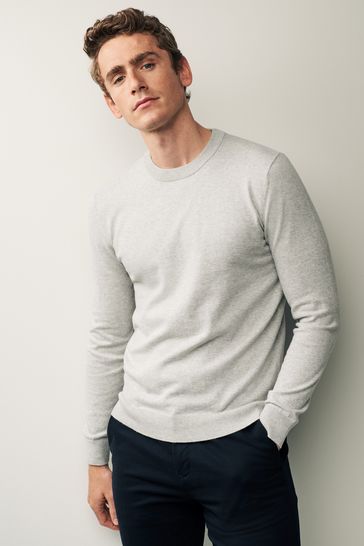 Light Grey Crew Neck Regular Cotton Rich Knitted Crew Neck Jumper