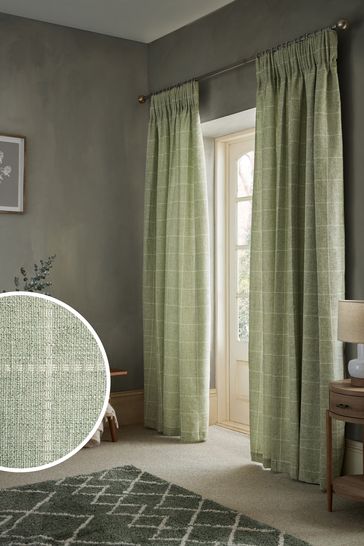 Sage Green Windowpane Check Lined Pencil Pleat Curtains