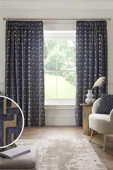 Navy Blue Next Collection Luxe Fretwork Heavyweight Velvet Pencil Pleat Lined Curtains