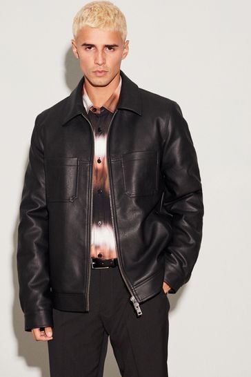 Black EDIT PU Faux Leather Collared Jacket