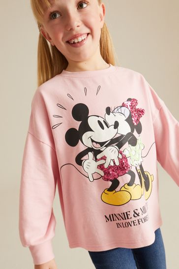 Pink Sequin Disney Minnie & Mickey Mouse License Long Sleeve T-Shirt (3-16yrs)