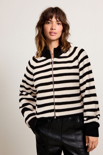 Buy Black White Zip Cropped Cardigan from Next Luxembourg