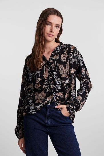 PIECES Black Printed Long Sleeve Blouse