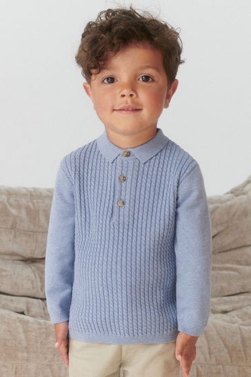 Blue Cable Knit Smart Long Sleeve Polo Shirt (3mths-7yrs)