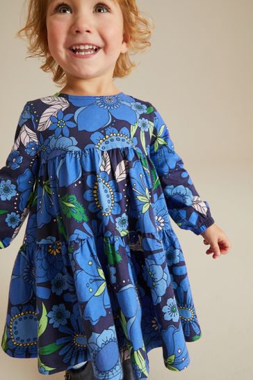 Bright Blue Floral Long Sleeve Jersey Dress (3mths-7yrs)