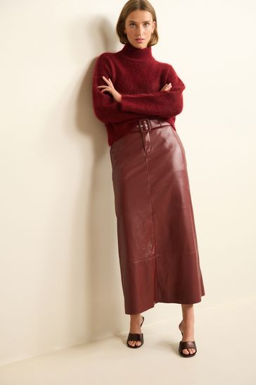 Dark red 2025 leather midi skirt